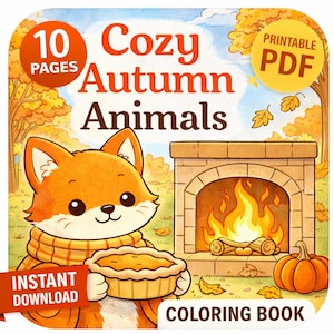 Herbsttiere, gemütliches Malbuch, druckbare PDF-Datei, Ausmalseiten von Herbsttieren, süße Kürbis- und Blattszenen, entspannende Färbung für Erwachsene