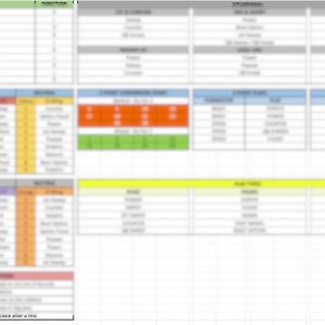 May include: A spreadsheet with a blurred image of a table with rows and columns. The spreadsheet has a green, blue, yellow, and orange color scheme. The spreadsheet has the text "LICKA SHOP" and "STOP THE CLOCK AFTER A HIT!" at the bottom.