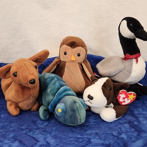 May include: Five plush toys, including a brown dachshund, a blue chameleon, a brown owl, a white and brown dog, and a gray goose with a red ribbon around its neck.  The toys are all sitting on a blue fabric surface.  The goose has a red "Ty" tag attached to its wing.