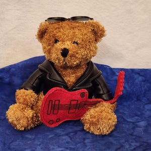 Galerie Rock and Roll Bear with Red Guitar Leather Jacket and Sunglasses Plush Bear, Gift for Music Bad Boy, Gift for Lover, Musician Gift
