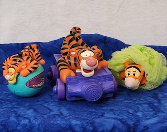 Miscellaneous Tigger Items Plastic Tigger Train Tigger Ball that Rattles and Tigger Bath Loofah, Misc Tigger from Winnie the Pooh Items