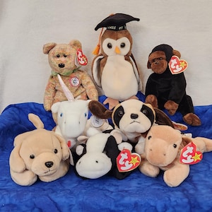 Beanie Babies Wise Owl Speckles Bear Congo Ape Bernie Saint Bernard Mystic Unicorn Derby Horse Daisy Cow or Fetch Golden Retriever