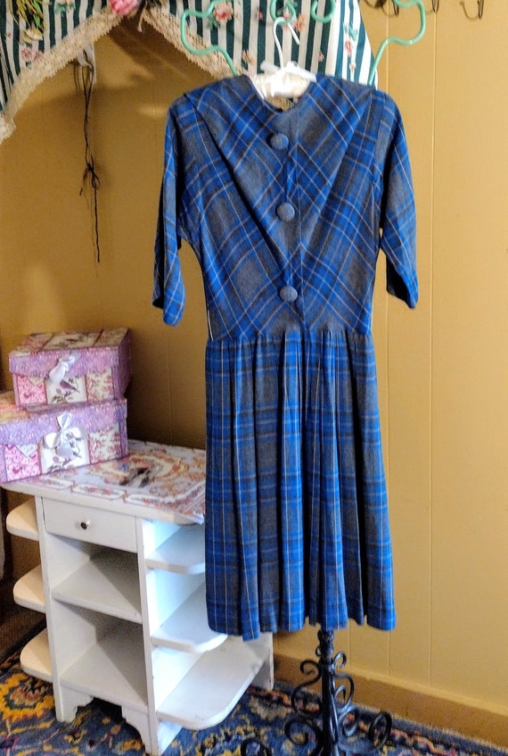 Blue Plaid Dress 50's 60's Wool Plaid Dress
