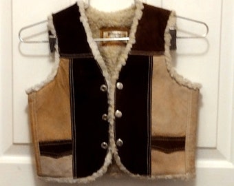 Boy's Vest Vintage Hippie Vest Faux Sheepskin Brown and Tan Suede 70's Vest