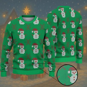 Funny Green Santa Ugly Christmas Sweater: Pixel Knit Holiday Jumper