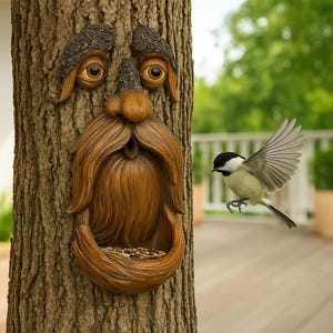 Tree Faces Garden Decor, Tree Hugger Bird Feeder & Outdoor Yard Art, Garden Sculpture, Whimsical Tree Decoration, Gift for Dad, Funny Accent