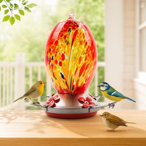 Blown Glass Hummingbird Feeder – Colorful Hanging Bird Feeder | Unique Garden Decor & Gift for Bird Lovers, Outdoor Wildlife Accessory