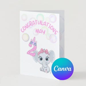 Tarjeta de 2º cumpleaños editable en Canva. Personaliza el mensaje y ya sólo tienes que imprimir en cartulina y felicitar a esa personita.