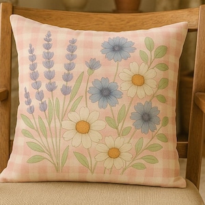 Floral Throw Pillow Cover-Pink Gingham with Dairies,Cornflowers & Lavender-Cottagecore Country Decor,Gift for Houseworming,Gift for Her