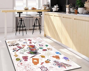 Coffee Themed Kitchen Rug: Colorful Cup Pattern, Washable