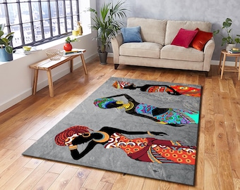 African Woman Ethnic Rug: Colorful Washable Modern Decor