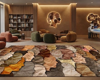May include: A large rectangular area rug featuring a repeating pattern of human head silhouettes in various shades of brown, tan, beige, and yellow. The design uses a textured, layered effect to create a mosaic of profiles across the entire surface.