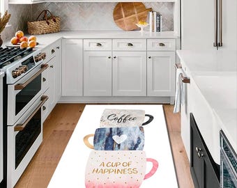 Coffee Cup Kitchen Rug: Washable Cotton-Polyester Blend