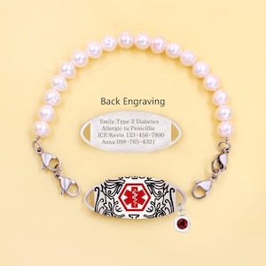 Custom Medical ID Bracelet: Freshwater Pearl, Red Cross Charm, Engravable