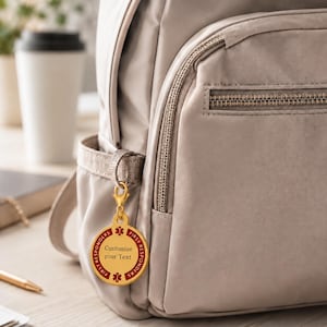May include: A gold-toned circular metal tag with a lobster clasp attachment. The tag features a red border with the text "FIRST RESPONDERS" and a medical star symbol. The center is white with the black text "Customize your Text" printed on it.