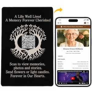 Op de afbeelding: Een zwarte rechthoekige gedenkplaat met een witte boomafbeelding, een QR-code en de tekst A Life Well Lived A Memory Forever Cherished. Daarnaast toont een smartphone een digitale herdenkingspagina voor Eleanor Grace Williams.