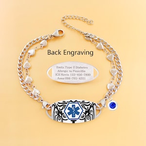 Personalized Medical Alert Bracelet: Stainless Steel Heart Link, Engraved ID, Birthstone Option