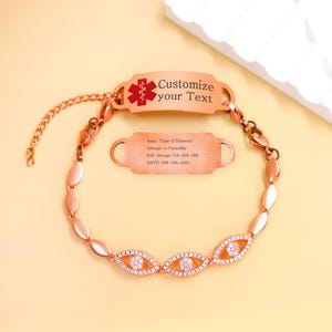 Zirconia Medical ID Bracelet: Adjustable Stainless Steel, Angel Eye Charm