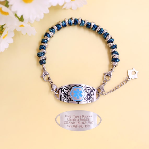Blue White Circle Link Medical Alert Bracelet | Hypoallergenic 316L Stainless Steel Laser Engraved Safety ID Jewelry Interchangeable Plates