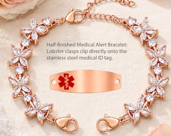 Rose Gold CZ Flower Medical ID Bracelet Chain, Replacement Medical Alert Bracelet for Women, Fashion Interchangeable Jewelry