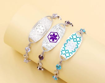 Custom Engraved Medical Alert Bracelet: Purple Heart Link Chain, Adjustable Stainless Steel