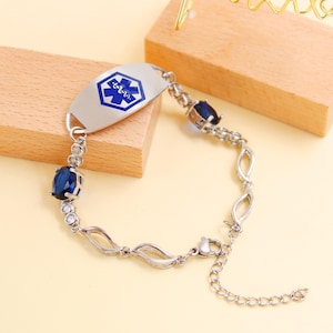 Custom Medical ID Bracelet: Blue Zirconia, Engraved Stainless Steel, Adjustable