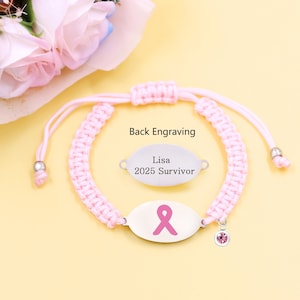 Breast Cancer Awareness Bracelet | Pink Ribbon Adjustable Cord ID Medical Bracelet | Inspirational Engraved Jewelry Gift for Women Survivors