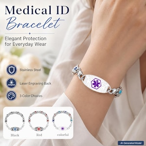 May include: A stainless steel medical ID bracelet featuring an oval-shaped center plate with a purple Star of Life emblem. The bracelet has a decorative chain link design and is available in three color variations: black, red, and colorful.