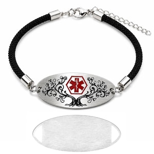 May include: A medical alert bracelet featuring a black braided cord and a silver-toned oval metal plate. The plate displays a red and white Star of Life symbol centered above black filigree tree-like patterns. Includes a lobster clasp and chain.