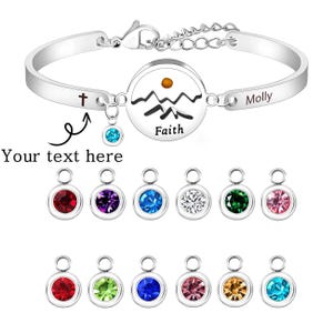 Faith Can Move Mountains Birthstone Bracelet • Real Mustard Seed Christian Bible Verse Faith Jewelry • Stainless Steel  Engraved Bangle