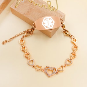 Rose Gold Medical Alert Bracelet: Engraved Heart Chain, Cubic Zirconia