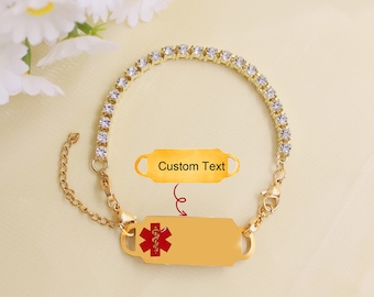 Pulsera de tenis con identificación médica grabada a medida, acero inoxidable, circonita cúbica.