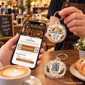 May include: A round, clear acrylic keychain featuring a coffee shop graphic with the text Coffee Shop, Review Us On Google, and an NFC icon. A second matching keychain displays a QR code. A smartphone screen shows a Google review page.