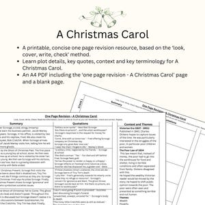 Puede incluir: Un recurso de revisión imprimible de una página para "Un cuento de Navidad" con un diseño en blanco y negro. El recurso incluye un resumen, citas, contexto y temas, y terminología clave. El recurso está dividido en secciones con encabezados y texto.