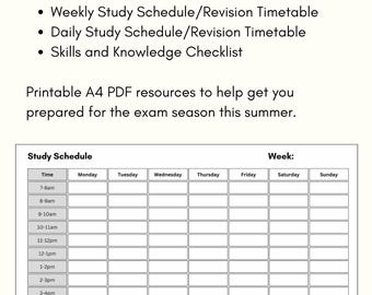 May include: A black and white printable study schedule template with the title "Study Schedule" and "Week:" at the top. The schedule is divided into days of the week, from Monday to Sunday, and time slots from 7:00 AM to 9:00 PM.