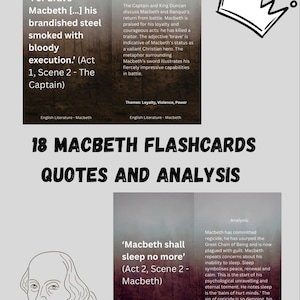 Op de afbeelding: Een verzameling van 18 Macbeth-flashcards met citaten en analyses. De kaarten bevatten citaten als "Voor dappere Macbeth... zijn zwaaiende staal rookte met bloedige executie" en "Macbeth zal niet meer slapen". Bevat een schets van Shakespeare.
