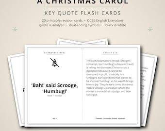 Pode incluir: Um conjunto de cartões de estudo imprimíveis em preto e branco para A Christmas Carol, apresentando a citação 'Bah! said Scrooge, Humbug!' com análise, símbolos de dupla codificação e temas de Natal, ganância e isolamento.