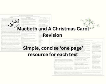 Peut inclure: Ressource imprimable en noir et blanc pour réviser Macbeth et Un chant de Noël. Le texte 'Macbeth and A Christmas Carol Revision' est en haut de la page. Le texte 'Simple, concise 'one page' resource for each text' est au milieu de la page.
