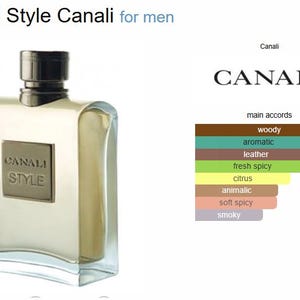 Puede incluir: Un frasco de perfume rectangular con tapa oscura y etiqueta color bronce con la inscripci&oacute;n "CANALI STYLE". El frasco contiene un l&iacute;quido claro. La imagen tambi&eacute;n incluye la marca "CANALI" y una tabla de acordes principales.