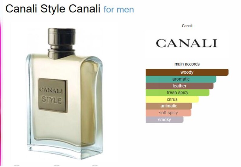 Puede incluir: Un frasco de perfume rectangular con tapa oscura y etiqueta color bronce con la inscripci&oacute;n "CANALI STYLE". El frasco contiene un l&iacute;quido claro. La imagen tambi&eacute;n incluye la marca "CANALI" y una tabla de acordes principales.