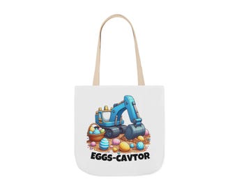 Excavator Digging Easter Eggs Canvas Tote Bag | Color Strap Handles