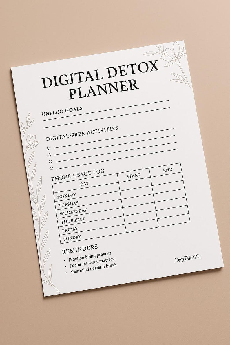 Digital Detox Planner Printable – One Page Self-care 6 Days Tracker ...