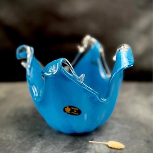 Vintage Murano Hand-Blown Art Glass Bowl – Blue & Clear, Made in Italy