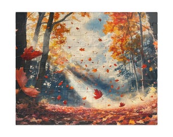 Autumn Forest Falling Leaves Puzzle | Sunlit Through Fall Trees Jigsaw 110/252/520/1014 piece