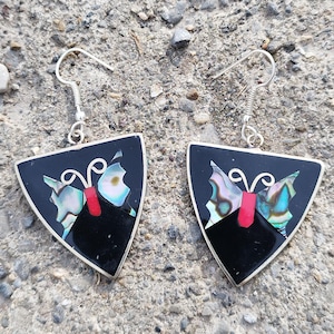 Vintage Alpaca Silver and Abalone Butterfly Earrings, Boho Jewellery
