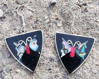 Pendientes vintage de mariposa de alpaca, plata y abulón, joyería bohemia