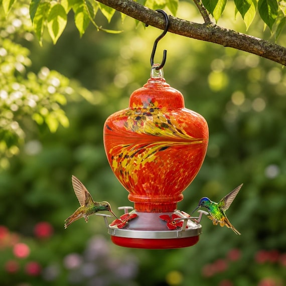 Hand-Blown Glass Hummingbird Feeder, 34oz Large Capacity, 5-Port Flower Design, Leak-Proof Ant-Moat, Garden Decor