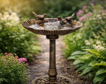 Solar Fountain Bird Bath Outdoor Pedestal Bronze Garden Birdbath with Pump Freestanding Backyard Decor