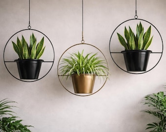 Hanging Metal Planter with Removable Pot, Black Hanging Planter, Golden Metal Planter, Modern Wall Plant Hanger