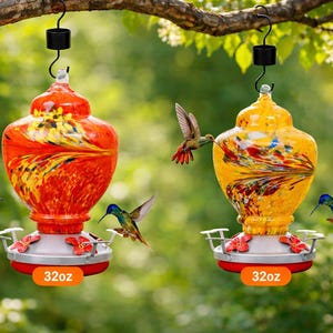 May include: Two 32oz glass hummingbird feeders hanging from a tree branch. One feeder is vibrant orange with yellow and black swirls, and the other is bright yellow with red and blue streaks. Both feature red flower-shaped feeding ports.